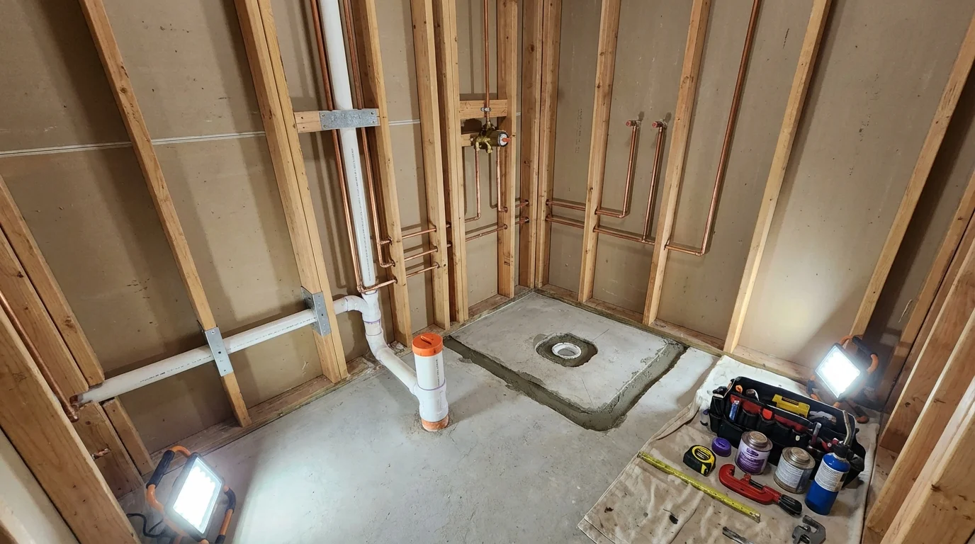 Bathroom rough-in plumbing during remodel by Johns Plumbing LLC in Jemison