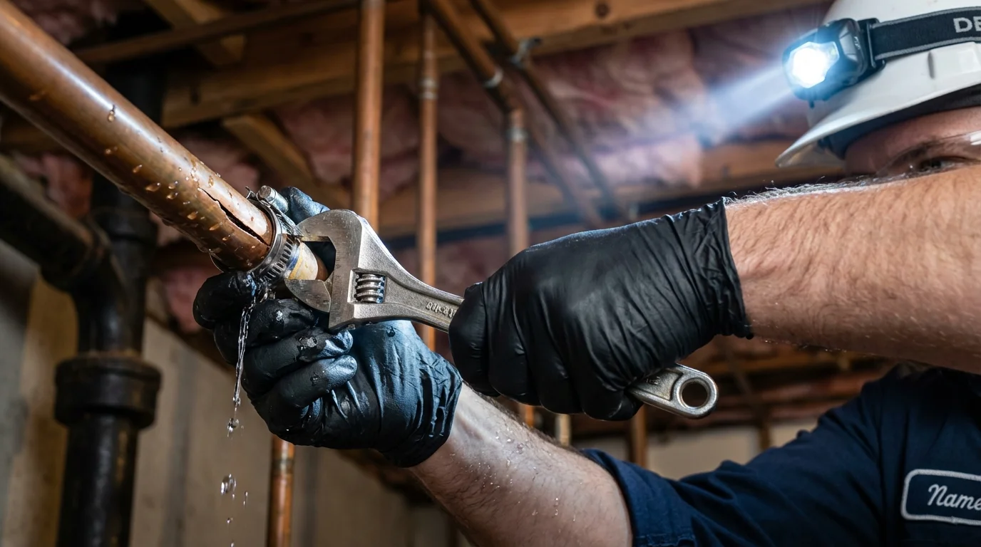 Emergency pipe clamp repair being performed by a Johns Plumbing LLC plumber in Jemison