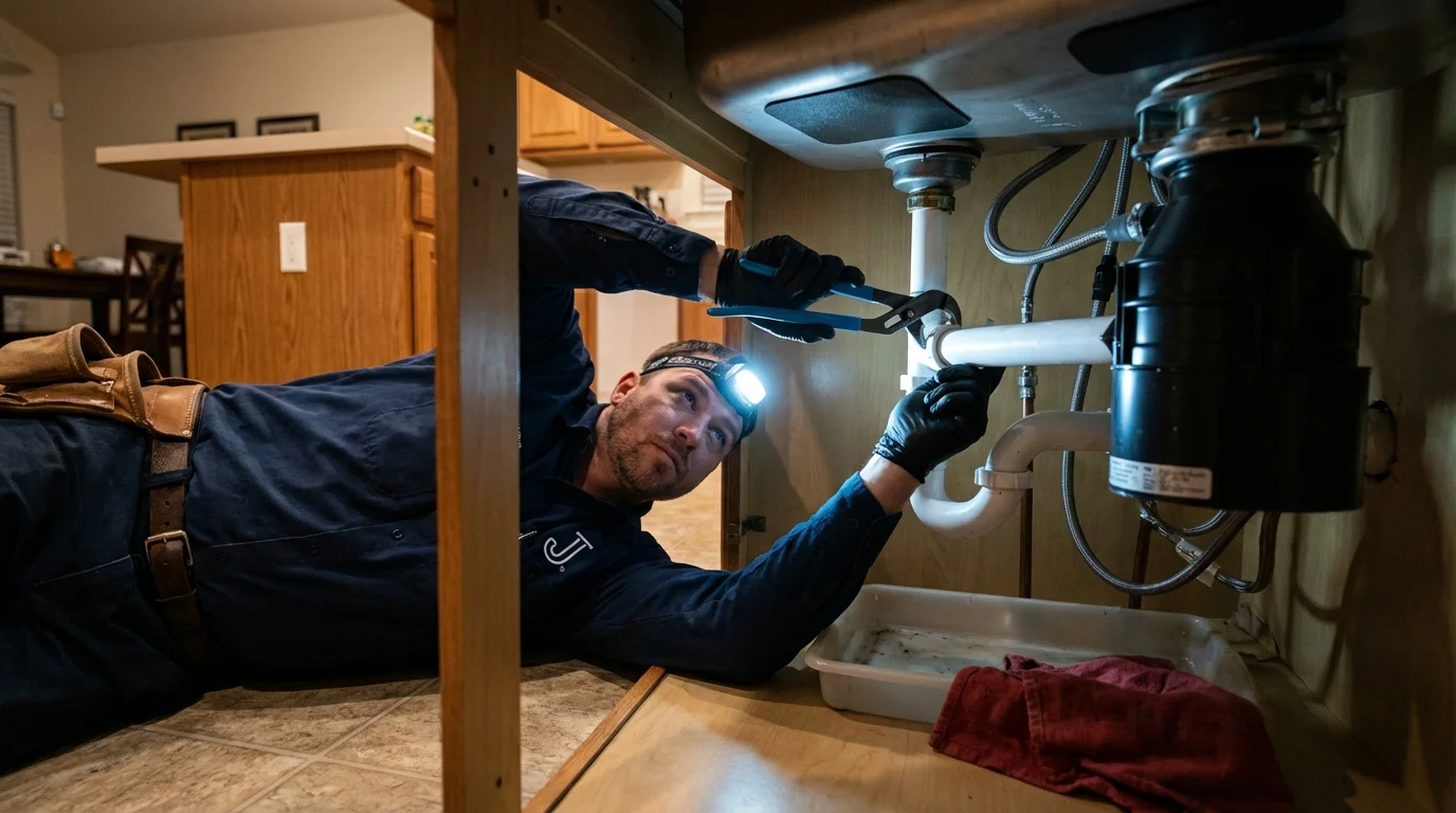 P-trap and supply line connections under a kitchen sink showing a common leak point in Jemison, AL